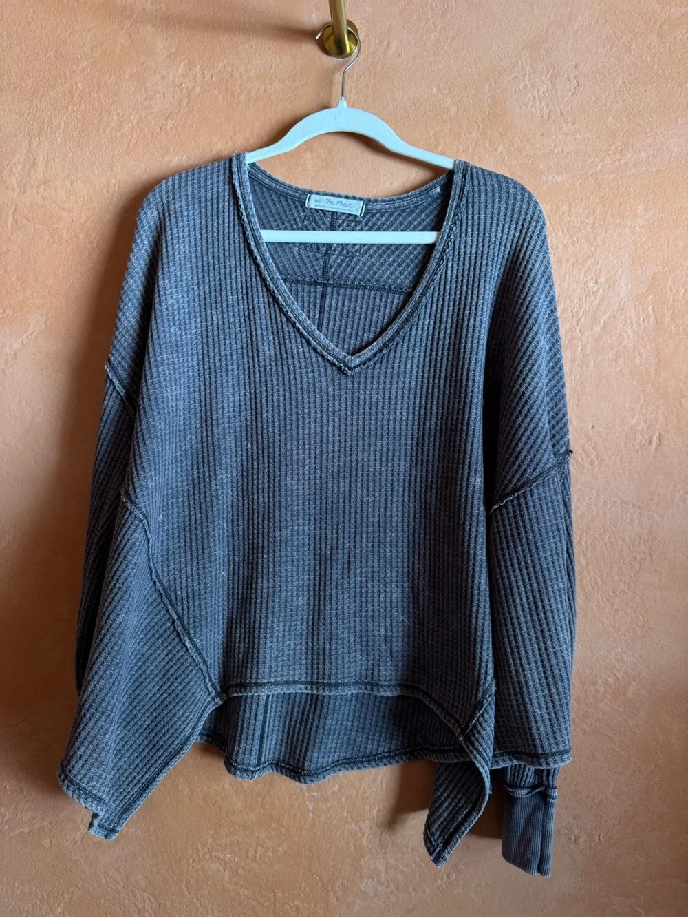 Free People We The Free Waffle Knit Thermal Top Oversized V Neck Slouchy - Picture 1 of 7
